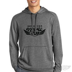 Man smiling in gray hoodie with Robinson Music logo.