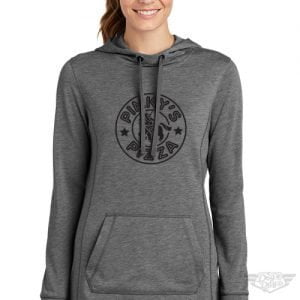 Woman in gray hoodie with Punky's Pizza logo.